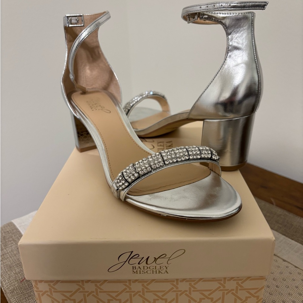 Jewel Badgley Mischka Silver Ankle Strap Heels